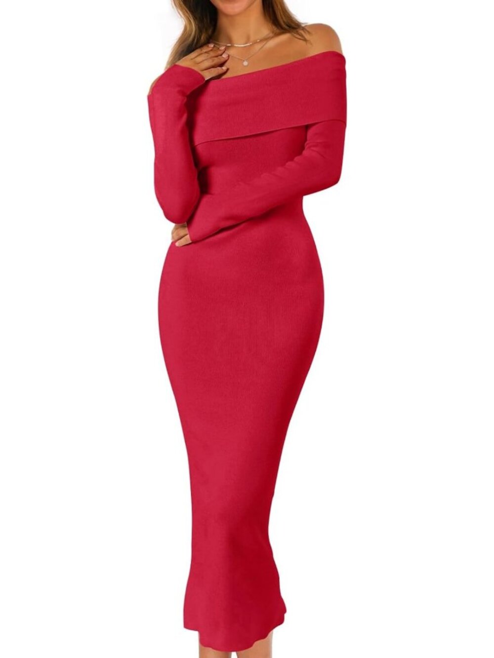 Chic Off-Shoulder Long Sleeve Bodycon Midi Sweater Dress for Fall Fashion